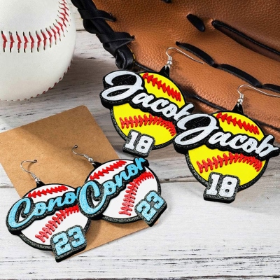 Personalized Baseball Softball Earrings, Custom Name & Number Baseball Earrings, Cheerleading Jewelry, Sports Gift for Player/Fan/Baseball Mom