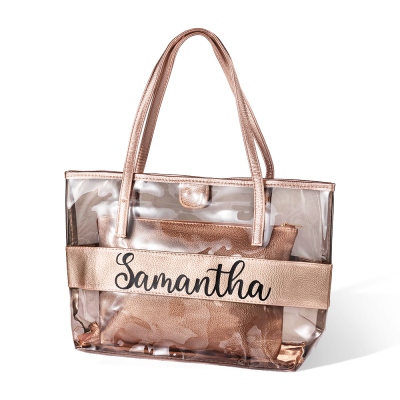 Personalized Clear PVC Tote Bag with Small Pouch, Large Capacity Transparent Beach Bag Stadium Bag, Bridal Party Tote, Birthday/Christmas Gift for Her