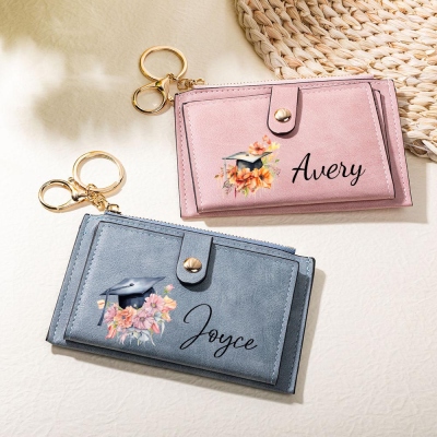 Personalized Name Graduation Cap Flowers Mini Wallet, PU Leather Wallet with Keychain, Travel Card Holder Purse, Graduation Gift for Her/Friends