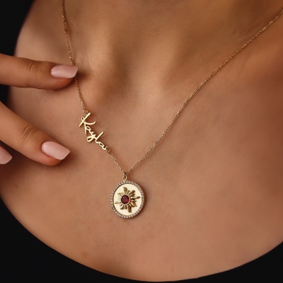 Gepersonaliseerde sierlijke zon ketting met geboortesteen, aangepaste zijwaartse naam Sterling zilveren ketting, damessieraden, cadeau voor moeder/vriendin/dochter