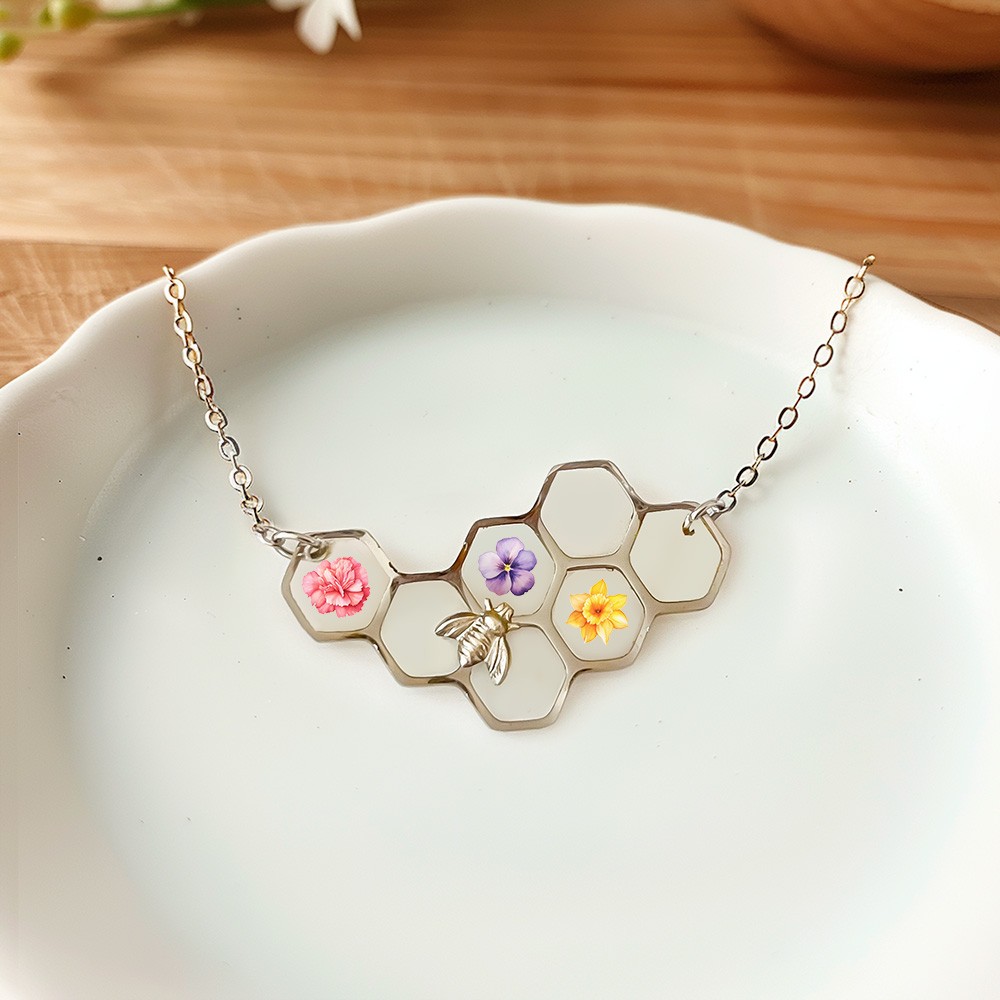 Custom Birth Month Flower Necklace, Stainless Steel Honeycomb Pendant, Flower Necklace for Her