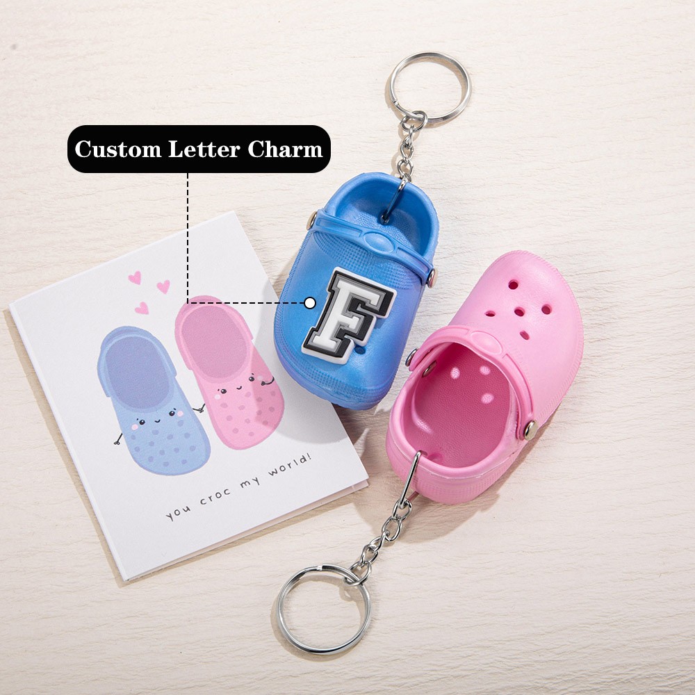 (Set of 2)Custom Mini Croc Shoes Keychains with Initial Charms, Silicone Slipper Keychains, Birthdays Gift for Boyfriend Girlfriend or Family
