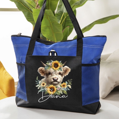 Custom Name Sunflower Highland Cow Oxford Cloth Tote Bag, Large Capacity Zipped Bag with Mesh Pocket, Mother's Day/Birthday Gift for Mom/Her/Cow Lover