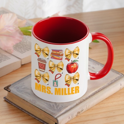 Benutzerdefinierter Name Lehrer Coquette Schleife Apfel Tasse, Bleistift Schleife Knoten Design 11oz Keramik Tasse, Lehrertag/Schulanfang/Dankesgeschenk für Lehrer