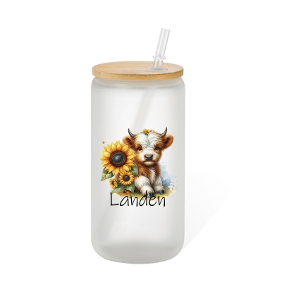 Anpassat namn Sunflower Highland Cow Tumbler, frostat/klart glaskopp med bambulock och sugrör, födelsedags-/julpresent för kvinnor/highland cow lovers