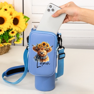 Custom Name Sunflower Highland Cow Tumbler Bärväska med påse, mugghållarpåse med handtag, kompatibel med 40oz tumbler, present till kvinnor/familj