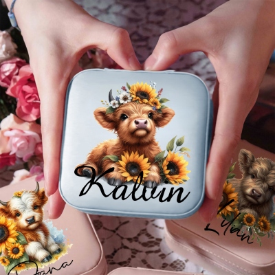 Personalized Name Sunflower Highland Cow Jewelry Box, PU Leather Travel Jewelry Case, Birthday/Mother's Day Gift for Women/Girls/Highland Cow Lover