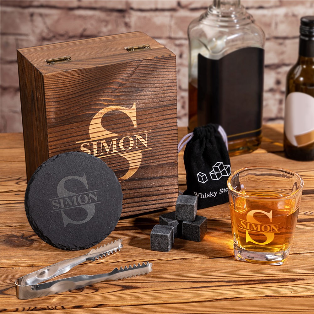 Personalized Engraved Monogram Whiskey Glass Set with Whiskey Stones and Wood Box, Alcohol Gift, Birthday Wedding Gift for Dad/Groomsmen/Whiskey Lover