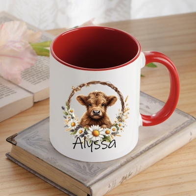 Personligt namn Sunflower Highland Cow Mugg, 11oz keramisk Highland Cow Two Tone Cup, födelsedags-/morsdagspresent för kvinnor/flickor/Highland Cow-älskare