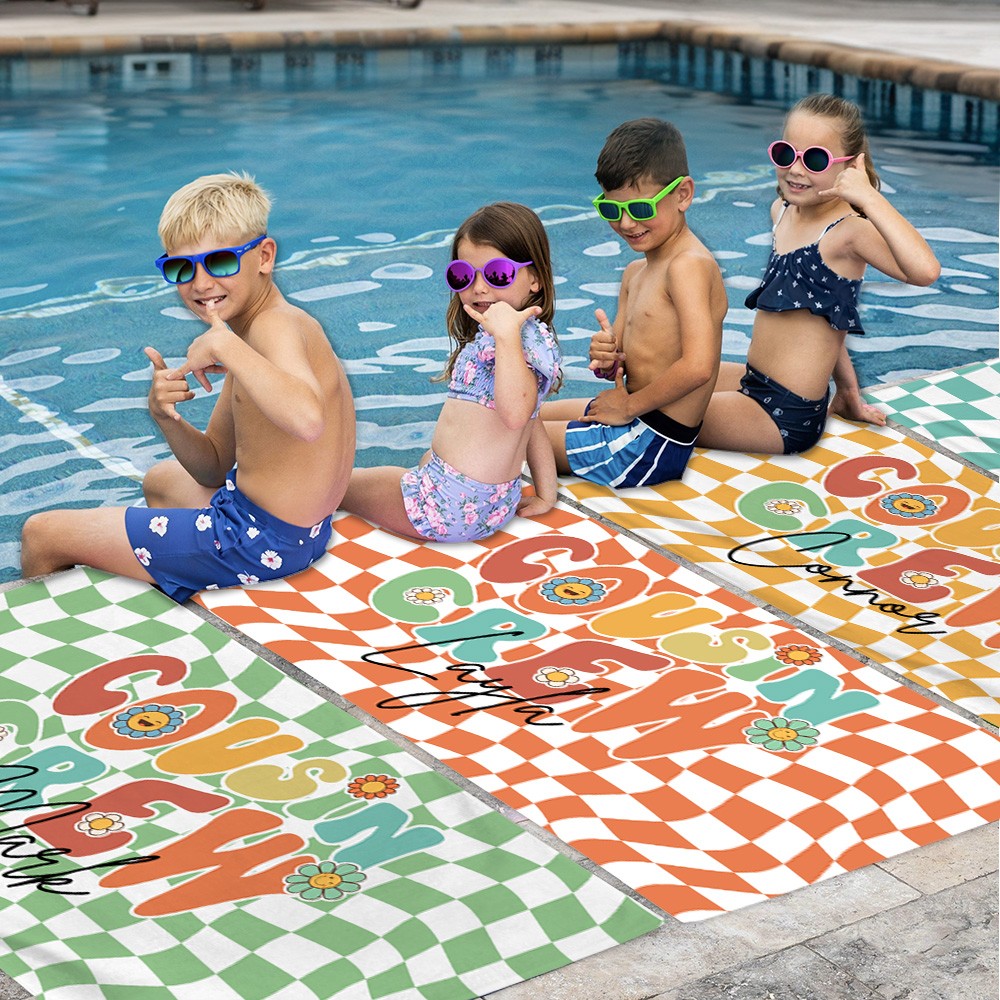 Personalized Name Cousin Crew Colorful Plaid Beach Towel, Perfect for Family Outings