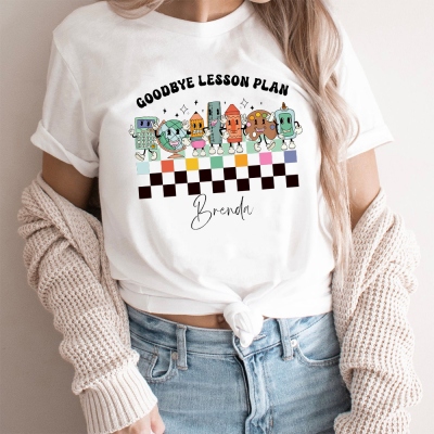 T-shirt för lärare med personligt namn, T-shirt med blyertslinjal med klotdesign, semester-t-shirt i 100 % bomull, årsslut/uppskattningspresent till lärare