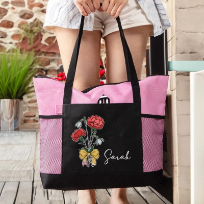 Sac fourre-tout en tissu Oxford avec nom personnalisé, fleur de naissance, nœud à crayons, sac à main de grande capacité avec poche en filet, cadeau de rentrée scolaire/d'appréciation pour les enseignants