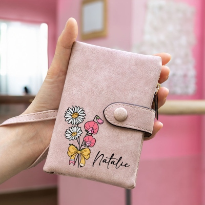 Personalized Name Birth Flower Pencil Bow Design Wallet, PU Leather Card Holder with Wrist Strap, Birthday/Mother's Day Gift for Her/Mom/Grandma