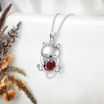 Personalized Birthstone Cat Shaped Necklace, Sterling Silver 925 Pet Necklace, Cat Jewelry, Birthday/Christmas Gift for Her/Daughter/Cat Lovers