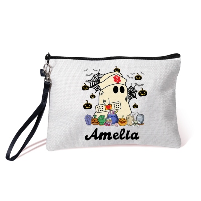 Personalized Name Ghost Nurse Design Makeup Pouch, Linen Nursing Cosmetic Bag with Zipper & Wrist Strap, Halloween Gift for Nurse/Medical Staff