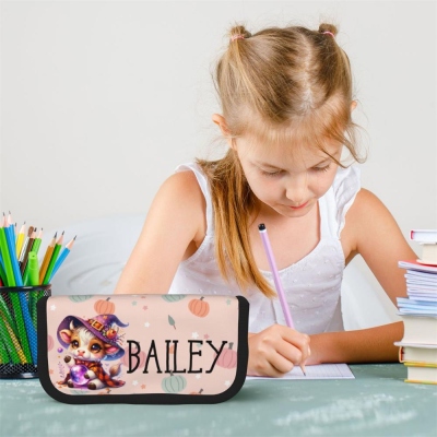 Custom Name Halloween Highland Cow Design Pen Pouch, Large Capacity Double Zippered Pencil Case, Halloween/Back to School Gift for Boys/Girls/Students