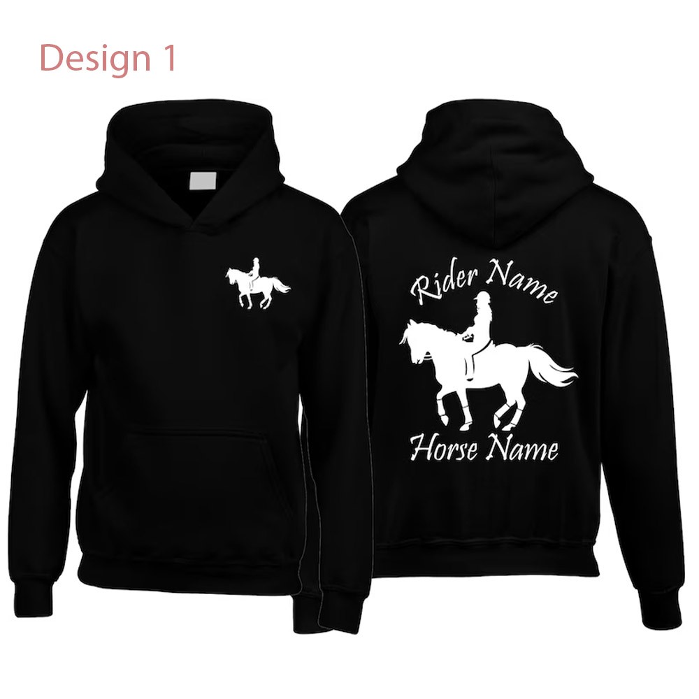 Personalised Names Horse Hoodie, Unisex Horse Hoody Jumping Design Hoodie, Jockey Rider Jumper, Equine Xmas Present Top, Birthday Gift for Adults/Kids