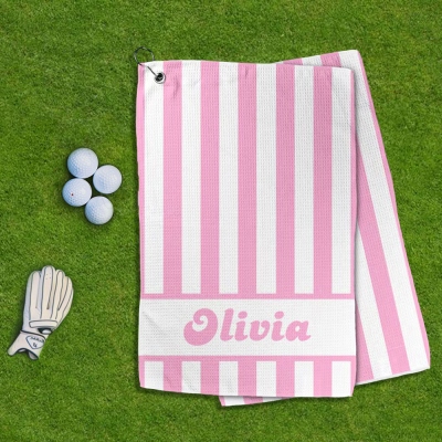 Serviette de golf rayée avec nom personnalisé, serviette à texture gaufrée avec clip de suspension, accessoire de golf, cadeau d'anniversaire/Noël/d'appréciation pour amateur/équipe/entraîneur de golf