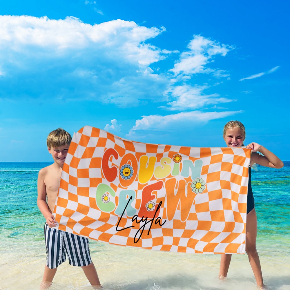 Personalized Name Cousin Crew Colorful Plaid Beach Towel, Perfect for Family Outings