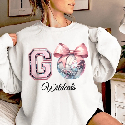 Personalized Coquette Bow Disco Ball Sweatshirt, Custom Name Game Day Sports Crewneck, Fall Sweatshirt, Gift for Sports Lover/Sports Mom/Her