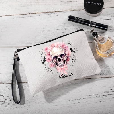 Borsa per il trucco personalizzata con nome, teschio di fiori di Halloween con fiocco, borsa per cosmetici in lino con cerniera e cinturino da polso, regalo di Halloween per lei/famiglia/amici