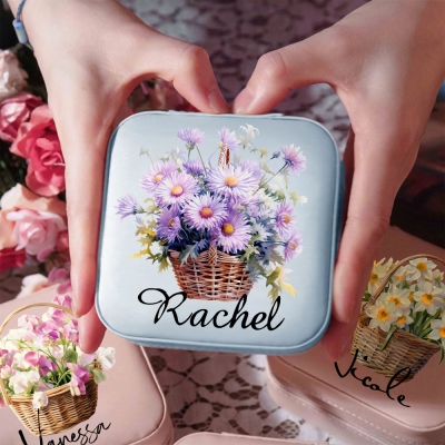 Coffret à bijoux personnalisé avec panier de fleurs de naissance et nom, boîte de rangement portable en cuir avec plusieurs compartiments, cadeau d'anniversaire/de Noël pour femme