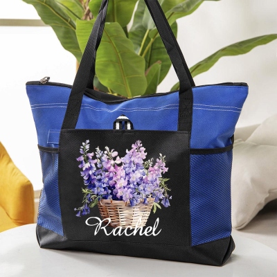 Sac fourre-tout personnalisé avec panier de fleurs de naissance, sac à fermeture éclair de grande capacité avec nom personnalisé et poche en filet, cadeau d'anniversaire/de Noël pour maman/grand-mère/elle