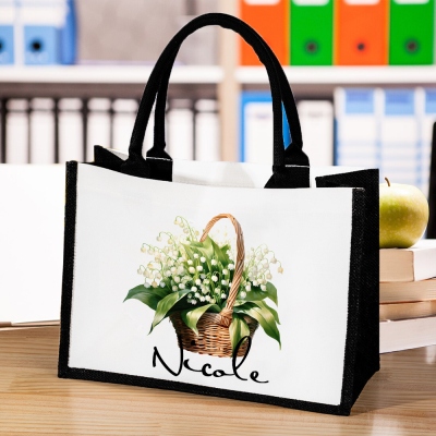 Personalized Birth Flower Basket Canvas Bag, Custom Name Large Capacity Tote Bag, Weekend Travel Bag, Birthday/Christmas Gift for Mom/Grandmom/Her