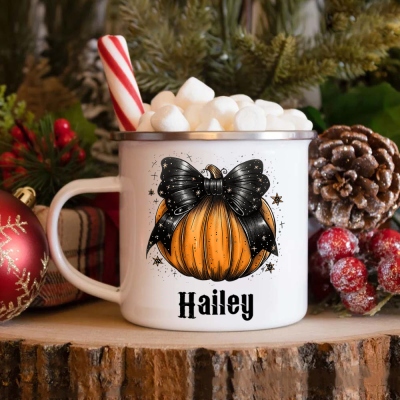 Personligt namn Halloween Pumpkin Bow Design Emaljmugg, 11 oz Trick or Treat vattenkopp, splittersäker mugg med handtag, Halloween-present för familj/barn