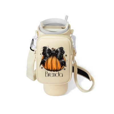 Personalized Name Pumpkin Bow Tumbler Carrier Bag with Pouch, Halloween Cup Holder Pouch with Handle, Tumbler Accessory, Halloween Gift for Family/Her