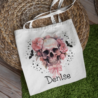 Sac fourre-tout personnalisé avec nom, tête de mort d'Halloween et nœud en fleur, sac à main en toile de grande capacité, accessoire de voyage, cadeau d'Halloween pour femmes/filles