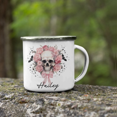 Tasse en émail personnalisée avec motif de crâne et de fleur d'Halloween, tasse à eau pour enfants de 11 oz, tasse incassable avec poignée, cadeau d'Halloween pour la famille/les filles