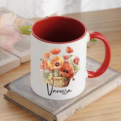 Tasse personnalisée avec panier de fleurs de naissance coloré, tasse à café et thé en céramique avec nom personnalisé de 11 oz, cadeau d'anniversaire/Noël/anniversaire pour maman/grand-mère/elle