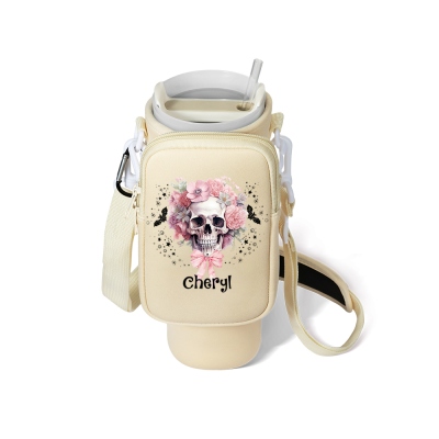 Personalized Name Floral Skull Halloween Water Bottle Carrier Bag with Pouch, Water Bottle Pouch for 40oz Tumbler, Halloween Gift for Women/Girls