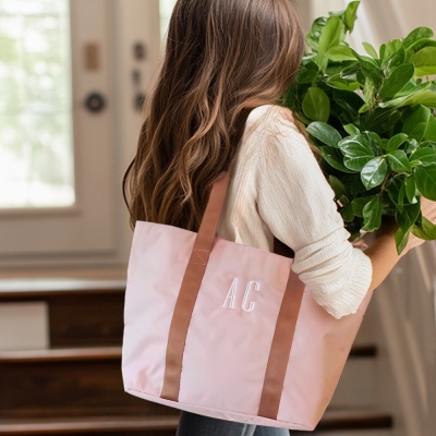 Personalized Monogram Nylon Tote Bag, Custom Embroidered Color Block Name Tote with Zipper, Bridal Party Favor, Birthday/Mother's Day Gift for Her