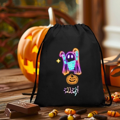 Sac à cordon personnalisé avec nom fantôme néon et citrouille, sac à friandises, sac d'Halloween effrayant, cadeau de fête, cadeau d'Halloween pour enfants/adolescents