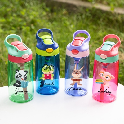 Personalized Cartoon Toddler Water Bottle with Name, 480ml Kid's Water Bottle With Straw, Birthday/Back to School Gift for Boys/Girls/Children