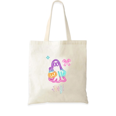 Handtasche mit personalisiertem Namen und Neon-Kürbis-Geist-Design, große Halloween-Canvas-Tasche, Trick-or-Treat-Tragetasche, Halloween-Geschenk für Kinder/Mädchen/Frauen