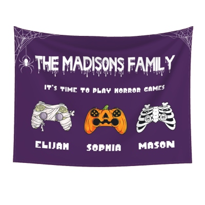 Personalisierte Namen Halloween Gaming Controller Wandteppich, Gruseliges Gamepad Banner, Raumdekoration, Halloween/Einweihungsgeschenk für Familie/Spieleliebhaber