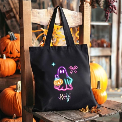 Sac à main personnalisé avec nom, motif citrouille et fantôme néon, sac en toile de grande capacité pour Halloween, sac fourre-tout pour bonbons ou friandises, cadeau d'Halloween pour enfants/filles/femmes