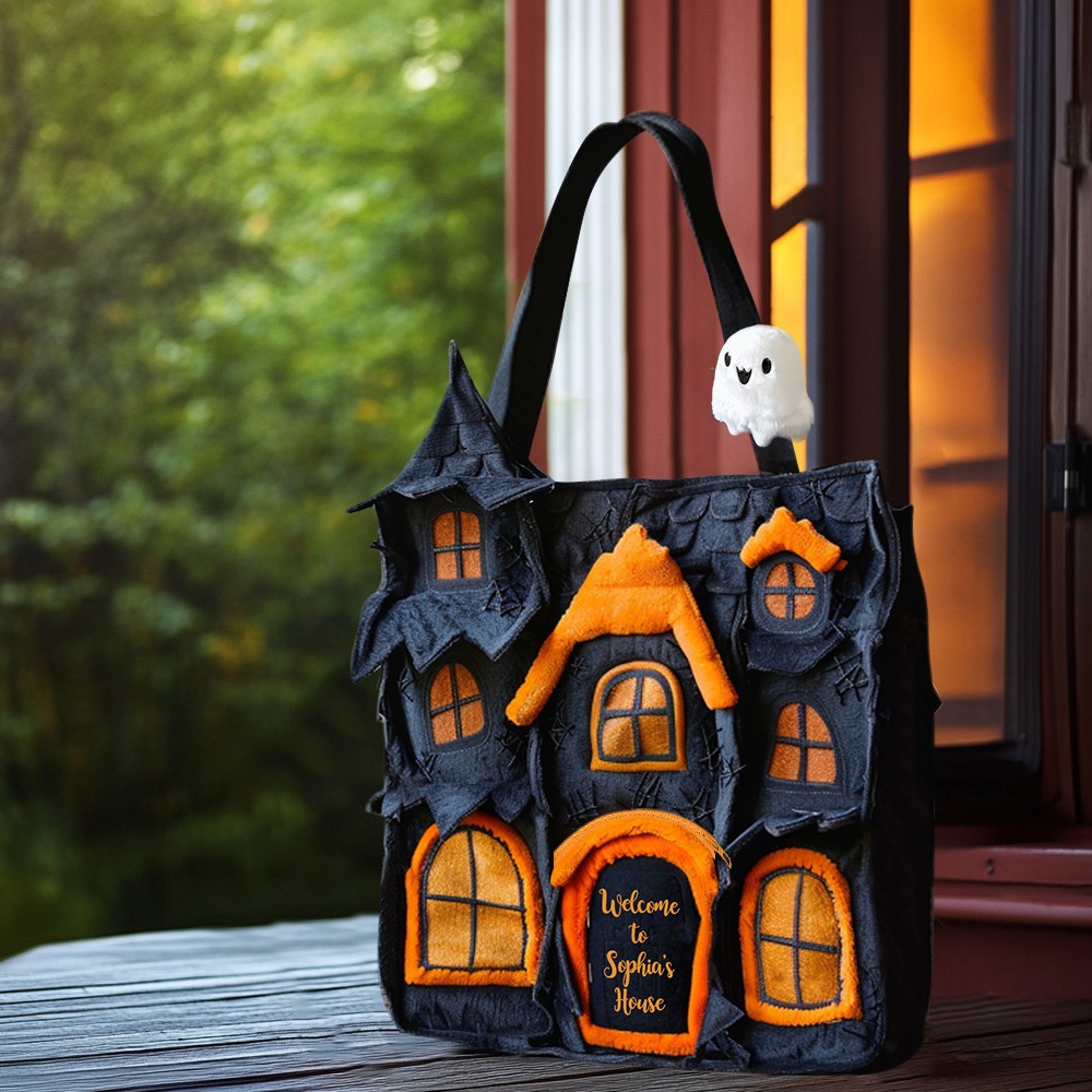 Personalized Halloween Accessories Cute Spooky House Tote Bag with Coin Purse and Plush Pendant Halloween Gift for Her Girls