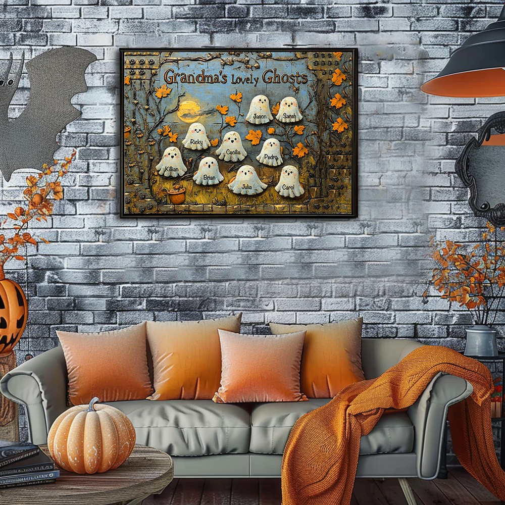 Personalized Title "Grandma's Lovely Ghosts" Halloween Horizontal Poster, Custom Family Names Ghost Decor for Spooky Season