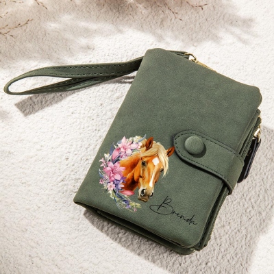 Custom Name Birth Flower Horse Design Wallet with Birthmark, PU Leather Card Holder with Wrist Strap, Birthday/Christmas Gift for Women/Horse Lover