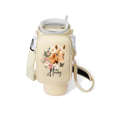 Custom Name Birth Flower & Horse Water Bottle Carrier Bag with Pouch, 40oz Tumbler Holder Pouch with Strap, Birthday Gift for Women/Girls/Horse Lover