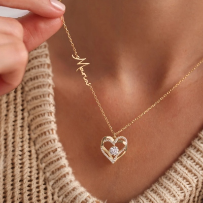 Collana personalizzata con pietra portafortuna a forma di cuore con nome/iniziale laterale, ciondolo a forma di cuore con pietra portafortuna, regalo di compleanno/San Valentino/Festa della mamma per lei/mamma