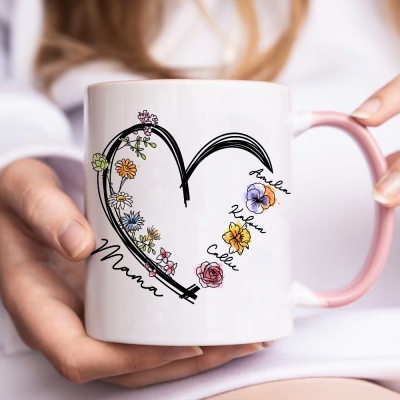 Personalized Names & Birth Flowers Design Mug with Heart, 11oz Ceramic Coffee Tea Cup, Mother's Day/Birthday/Christmas Gift for Mom/Grandma/Her