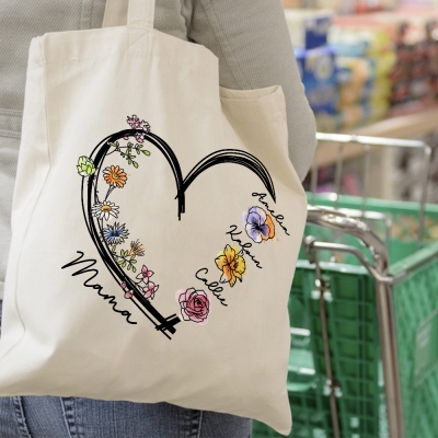 Gepersonaliseerde namen en geboortebloemen Hartontwerp Tote Bag, Grote capaciteit Herbruikbare Canvas Handtas, Moederdag/Kerstcadeau voor moeder/oma/haar