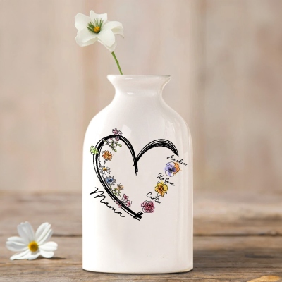 Vase personnalisé avec noms et fleurs de naissance avec cœur, vase en céramique pour femme, décoration d'intérieur, cadeau de fête des mères/anniversaire pour maman/grand-mère/amoureux du jardinage