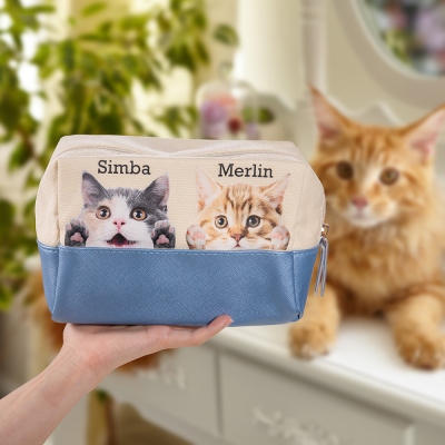 Personalized 1-2 Peeping Cat Portraits Makeup Pouch with Names & Paws, PU & Canvas Splicing Contrast Colors Cosmetic Bag, Gift for Cat Lover/Cat Owner