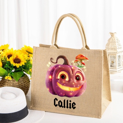 Personalized Name Pumpkin Mushroom Burlap Tote Bag, Large Capacity Jute & Cotton Handbag, Halloween Party Favor, Halloween Gift for Women/Girls